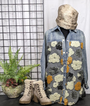 Load image into Gallery viewer, Trending Donna White Coats – Denim Shacket With Plush Floral Design