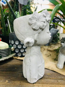 Rustic Flower Crowned Girl Cement Garden Planter for Flowers Succulents and Other Small Plants,