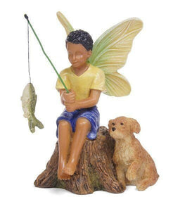 Miniature Dolllhouse Fairy Garden Unique Adorable Ebony Boy Fishing with Dog