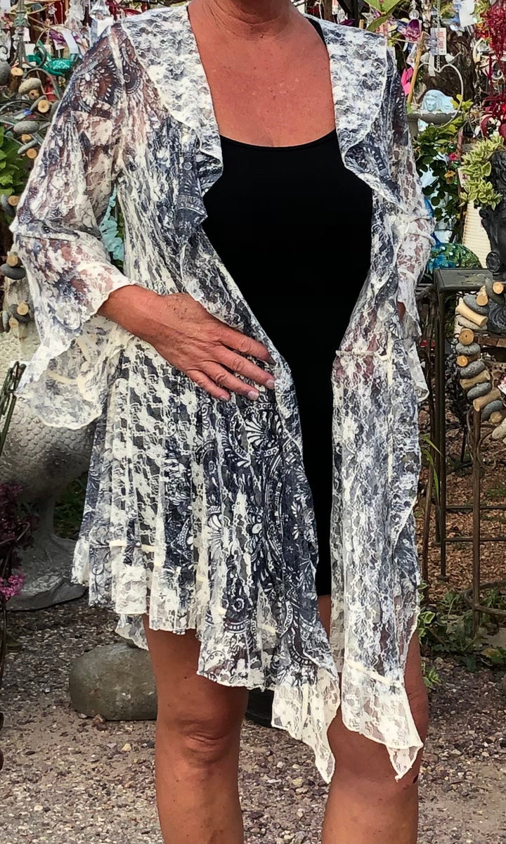 Gray and Blue floral print duster jacket | Plus Size available
