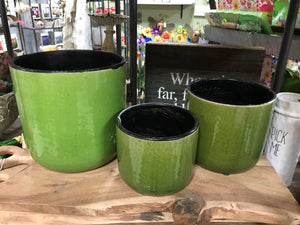 Medium Rounded Modern Style Ceramic Planter Green and Black Crackle Glaze