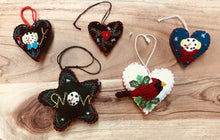 Load image into Gallery viewer, Mini felt heart and star shaped ornaments with whip stitching and embellished designs. Seasonal Christmas designs.