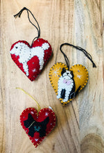 Load image into Gallery viewer, Adorable heart shaped embellished felt ornaments with cute dogs. Poodles, bulldog and Terriers.
