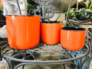 Small Rounded Crackled Glazed Orange and Black Ceramic Planter