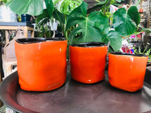 Load image into Gallery viewer, Small Crumpled Look Modern Style Ceramic Planter Orange with Black Edge Crackle Glaze