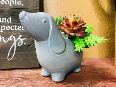 Gray Ceramic Dog Planter Pot Flower Vase Home Office Desk Decor  Indoor Outdoor