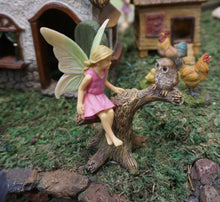 Load image into Gallery viewer, Miniature Fairy Girl in a tree branch making friends with an Owl  Fairy Garden Dollhouse Miniature Accessory  MG329