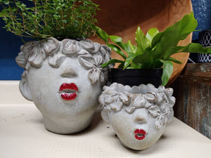 Kissing Face Red Lips Weathered Finish Concrete Head Mini Planter for Succulents