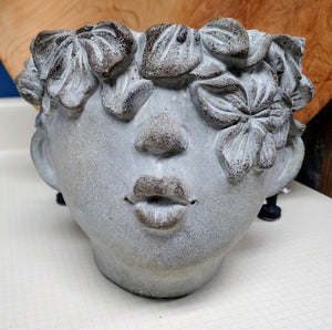 Kissy Face Girl Head Floral Crown Stone Grey 7" Cement planter pot