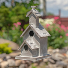 Load image into Gallery viewer, Country Schoolhouse design in a 2 story hanging birdhouse. Bring nature to your outdoor living area. 