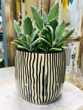 Load image into Gallery viewer, Unique 5 inch ceramic planter brown with vertical black stripes. Has pierced holes to add your own hanger. 
