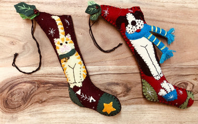 Felt stocking shaped christmas ornaments | cat and dog
