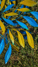 Load image into Gallery viewer, Blue and Yellow Leaf Kinetic Wind Spinner Garden Art Wind Sculpture