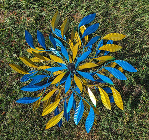 Blue and Yellow Leaf Kinetic Wind Spinner Garden Art Wind Sculpture