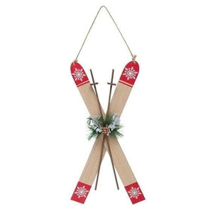 Ornament ski set red accents on natural wood color| 14" long | christmas decoration