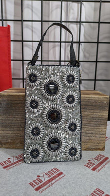 Hand Beaded Club Bag - Silver Petals - Gray, Silver and Black