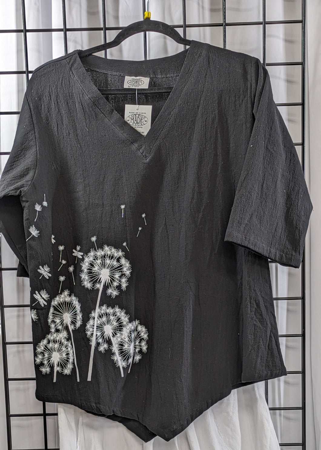 Women's 100% Cotton Black top with Dandelion design