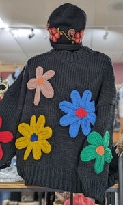 Black Knit Daisy Sweater Women Fall Winter Trendy Style