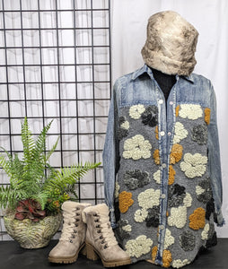 Trending Donna White Coats – Denim Shacket With Plush Floral Design