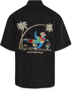 This black sort sleeved camp shirt is sporting a embroidered parrot hanging out in a hammock attached to a palm tree with a margarita in one wing. It definitely has a Hawaiian appeal, but in a dressy and elegant manner. This shirt could be worn as dress casual and is perfect for leisure wear.