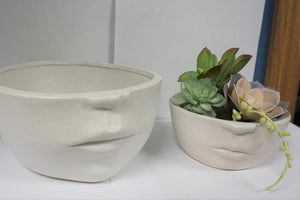 Modern Art Styled Half Face Ceramic Shallow planter pot with drainage