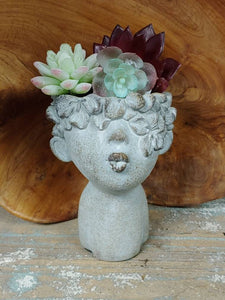 Small Girl Woman Kissing Head Planter Pot for succulents Cement