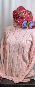 Woman's Pink Turtleneck Cable Knit Sweater
