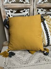 Load image into Gallery viewer, Color Striped Accent Pillow Gray with White and Yellow Mustard Stripes with Gray and White tassels