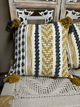 Load image into Gallery viewer, Color Striped Accent Pillow Gray with White and Yellow Mustard Stripes with Gray and White tassels