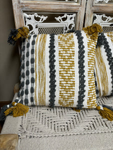 Color Striped Accent Pillow Gray with White and Yellow Mustard Stripes with Gray and White tassels