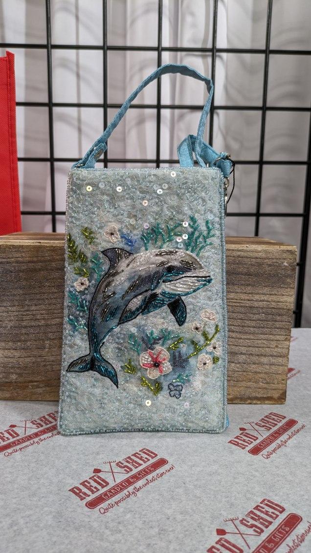 Dolphin Accent Beaded Fashion Cell Phone Bag Purse Crossbody Wristlet