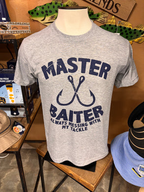 Funny adult humor referencing fishing t-shirt that has a play on words for Master Baiter. Short sleeve t-shirt perfect for the fishing enthusiast that has a sense of humor. 