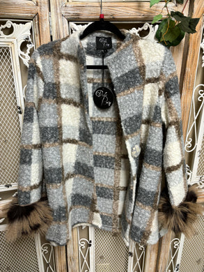 Woven Plaid blue gray brown white Jacket Button up with Fur Cuff design