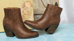 Very G Sophia Tan Western Style Boots with Floral Design