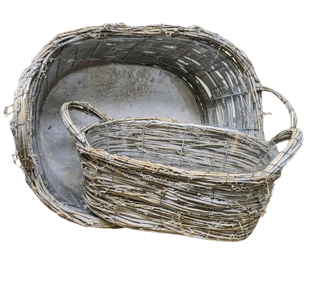 Weathered Gray Grapevine Handled Lined Baskets  Set of 2  Use for Plants, Storage or decoration