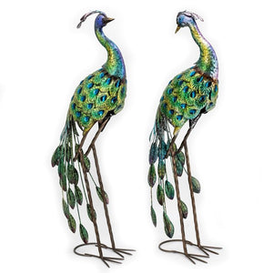 41" Tall Blue & Green Colorful Metal Peacocks with Acrylic Accents Set of Two