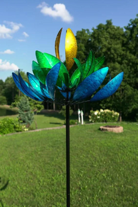 Sierra Blue Lotus Kinetic Wind Spinner Garden Art  | HH140