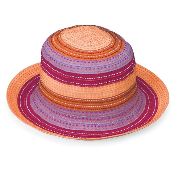 Toddler's Bucket Sun hat by Wallaroo.  Orange, Fuschia and purple striped hat for girls with an adjustable strap to help keep it on
