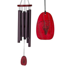 Load image into Gallery viewer, Chimes of Tuscany Burgundy wash finish ash wood Nine satin burgundy aluminum tubes Wood-burned grapes image on windcatcher