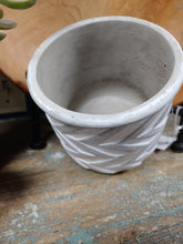 Load image into Gallery viewer, DARK AND LIGHT GREY, HEAVY-DUTY CEMENT PLANTER WITH A CHEVRON DESIGN EXTERIOR. 5&quot; BY 5&quot; BY 5&quot;. NO DRAINAGE HOLE. SHOWING THE LIGHT GREY INSIDE OF THE PLANTER.
