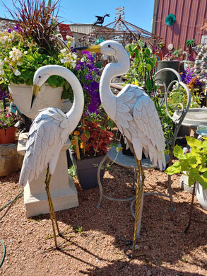 Pair of White Crane Metal Garden Statues l Garden Art | Metal bird sculpture
