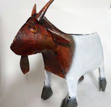 Load image into Gallery viewer, Vintage look Metal Goat Sculpture.  Brown head and chest,  White body, silver hooves, brown horns and beard,  He is 15&quot; tall sturdy for outside use.