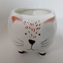 Load image into Gallery viewer, White Ceramic Cat planter, has black feet on little legs.  Has little flecks of ginger on the face above the nose and body.  Pink rimmed ears,cute triangle black nose little smile and three whiskers on each side of the nose.  There are pads on the bottom of each foot.