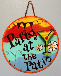 Bright colors of yellow red, aqua and blue bring this rustic metal sign to life. Martini with cherry featured drink.
