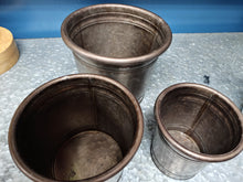 Load image into Gallery viewer, 3 METAL BUCKET PLANTERS | LOOK OF VINTAGE HAMMERED METAL | 3 SIZES: S, M, L | ALL ARE EMPTY SHOWING THE INSIDE.
