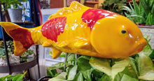 Load image into Gallery viewer, Orange ceramic koi fish with red dots on metal post