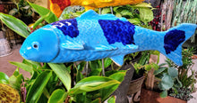 Load image into Gallery viewer, ceramic light blue koi fish on metal stake with dark blue dots