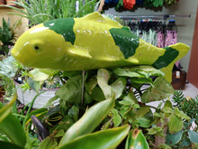 Load image into Gallery viewer, green ceramic koi fish on metal stake with dark green dots
