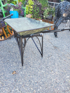 Green Metal Wheel Barrow with Hammered Metal Design