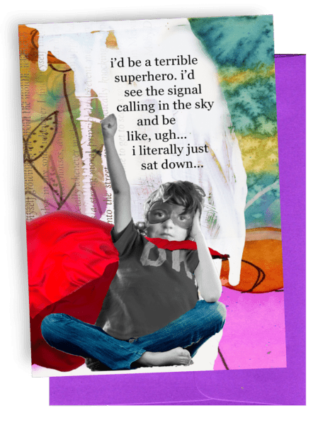 GREETING CARD | BRIGHT PURPLE ENVELOPE. | BACKGROUND: MULTI-COLORED | WOMAN WITH 